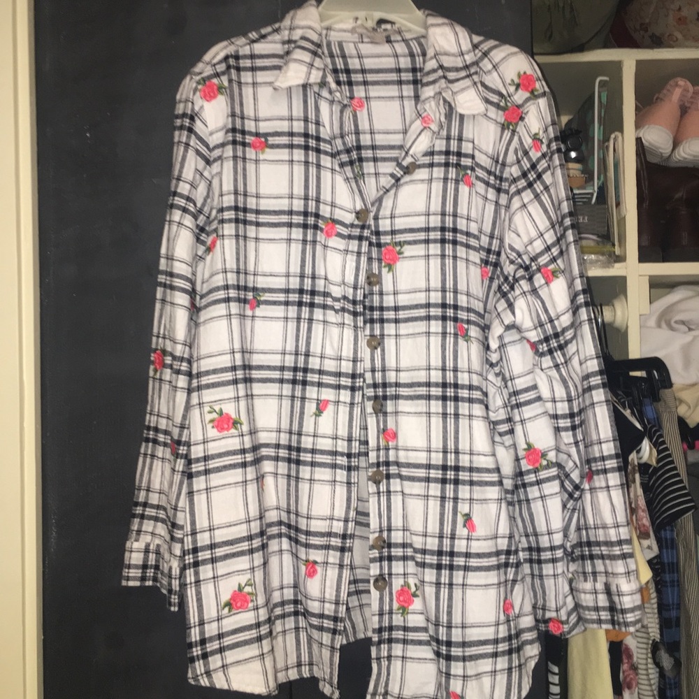 White and gray flannel with pink roses.